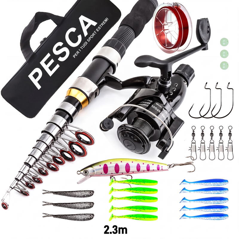 🎣Kit da Pesca Completo Portatile | Canna Telescopica in Fibra di Vetro 💪 | Mulinello Fluido ed Esche Incluse 🐟 | Ideale per Viaggi e Campeggio 🎒