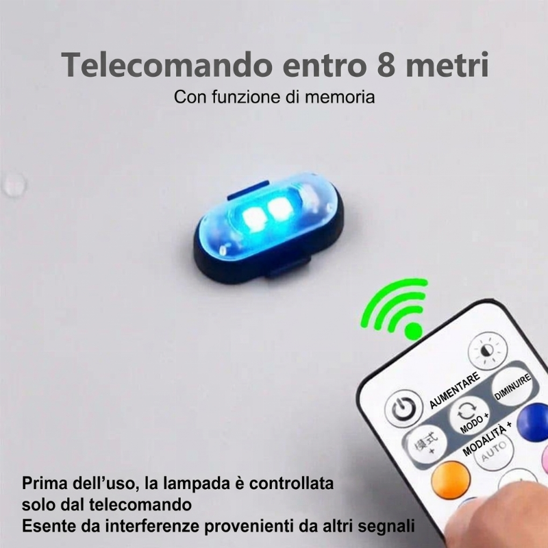 🚁 Luce stroboscopica con 8 colori – wireless, compatta e potente. Ricarica USB, spina impermeabile, telecomando – ideale per auto RC, barche, biciclette e attività all'aperto! ✨🔋