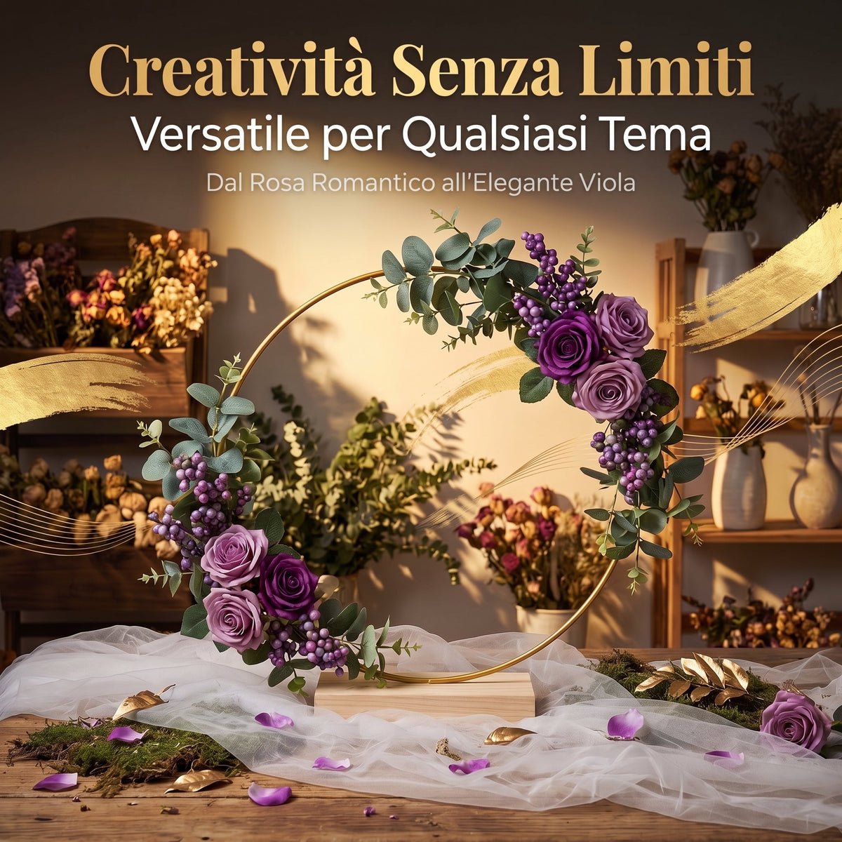 🌸 Sconto del 50%!✨ Cerchio decorativo color oro con supporto in legno – Centrotavola personalabile con filo luminoso a LED, design riutilizzabile per fiori, nastri e piante verdi – Elegante oggetto in ferro e pino per eventi e decorazioni quotidiane 🎀