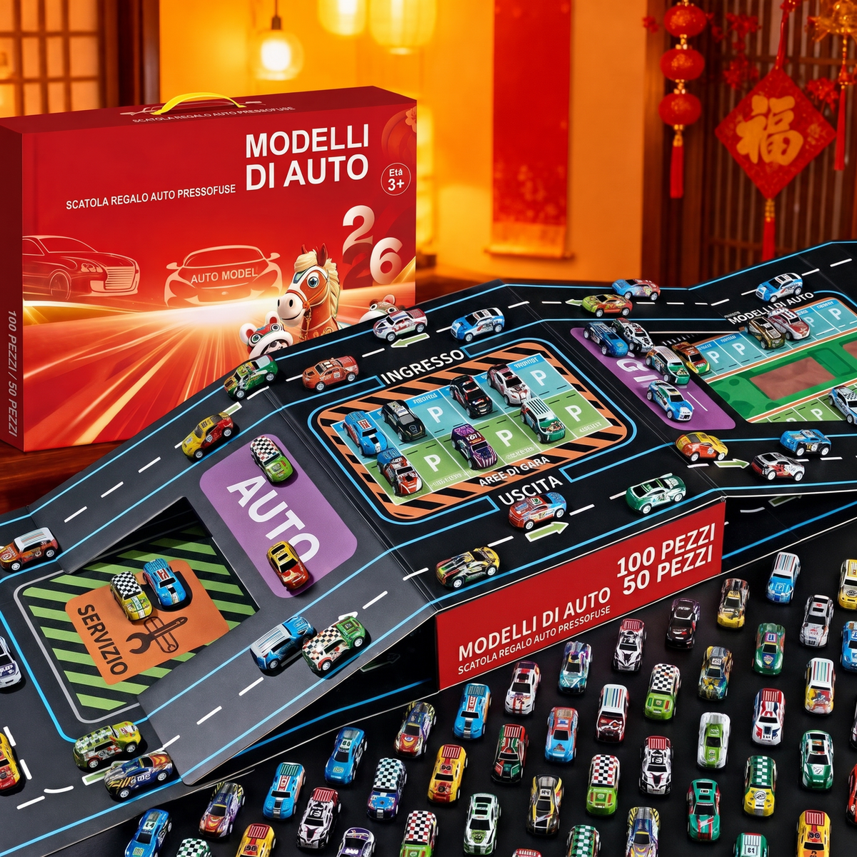 🚗 Playset con garage pieghevole per modellini di auto