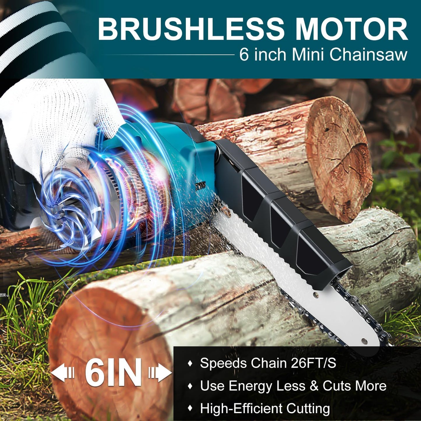 Mini Motosega a Batteria da 6 Pollici con Motore Brushless ✨⚡ - 2580W | 3500 giri/min | Lubrificazione Automatica | Barra in Acciaio al Tungsteno | 1 o 2 Batterie | 50% DI SCONTO