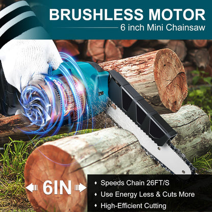 Mini Motosega a Batteria da 6 Pollici con Motore Brushless ✨⚡ - 2580W | 3500 giri/min | Lubrificazione Automatica | Barra in Acciaio al Tungsteno | 1 o 2 Batterie | 50% DI SCONTO