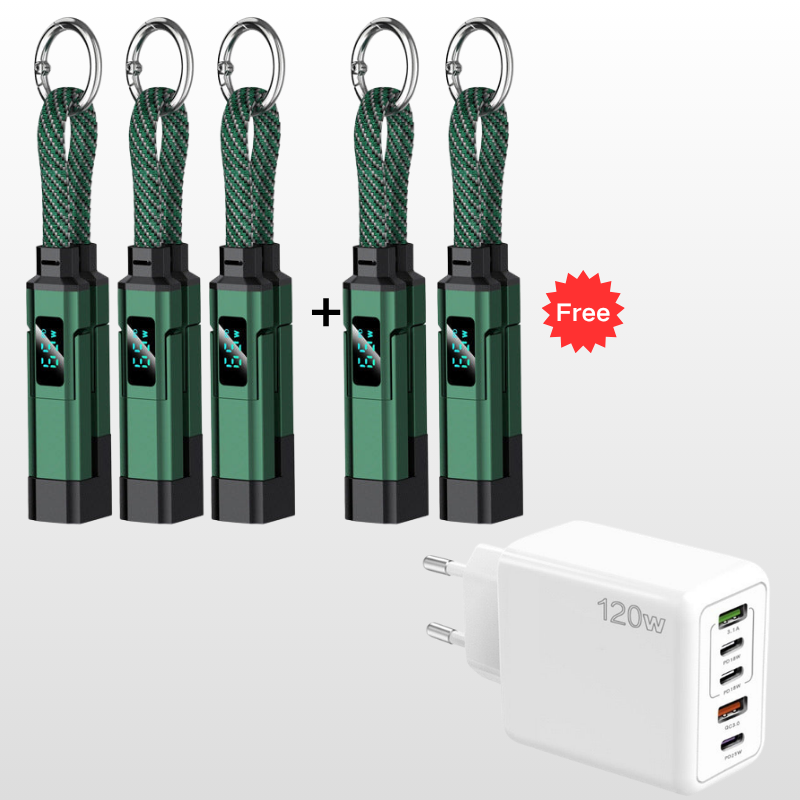 🔌 Cavo di ricarica 4 in 1 con display digitale e portachiavi – Funzione di ricarica rapida, resistente alle piegature e compatto