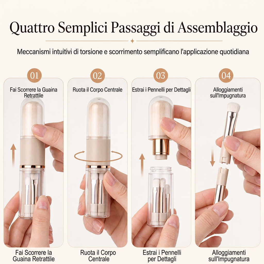 💄 Set Pennelli Trucco da Viaggio Retrattile 5 in 1 & 6 in 1 ✨ | Capsula Antipolvere con Pennello Cipria, Fard & Occhi 👝 | Setole Morbide ad Incastro per Borsa e Ritocchi 🌸