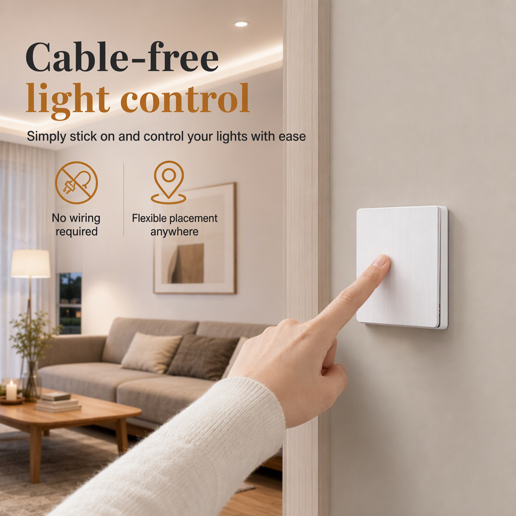 Kit interruttore luce wireless senza fili | Interruttore da muro autoadesivo con ricevitore, senza forature, ideale per affitti, comodini e corridoi