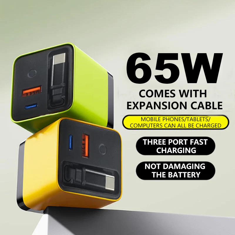 ⚡ Caricabatterie GaN 80W 3 in 1 con Cavo Type-C Retraibile 🔌🎒 - Ricarica Ultra-Veloce PD | USB-C + USB-A | Compatto & Portatile | 4 Colori | 50% DI SCONTO