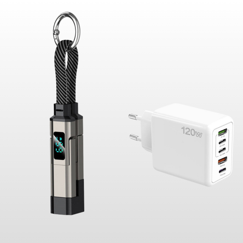 🔌 Cavo di ricarica 4 in 1 con display digitale e portachiavi – Funzione di ricarica rapida, resistente alle piegature e compatto