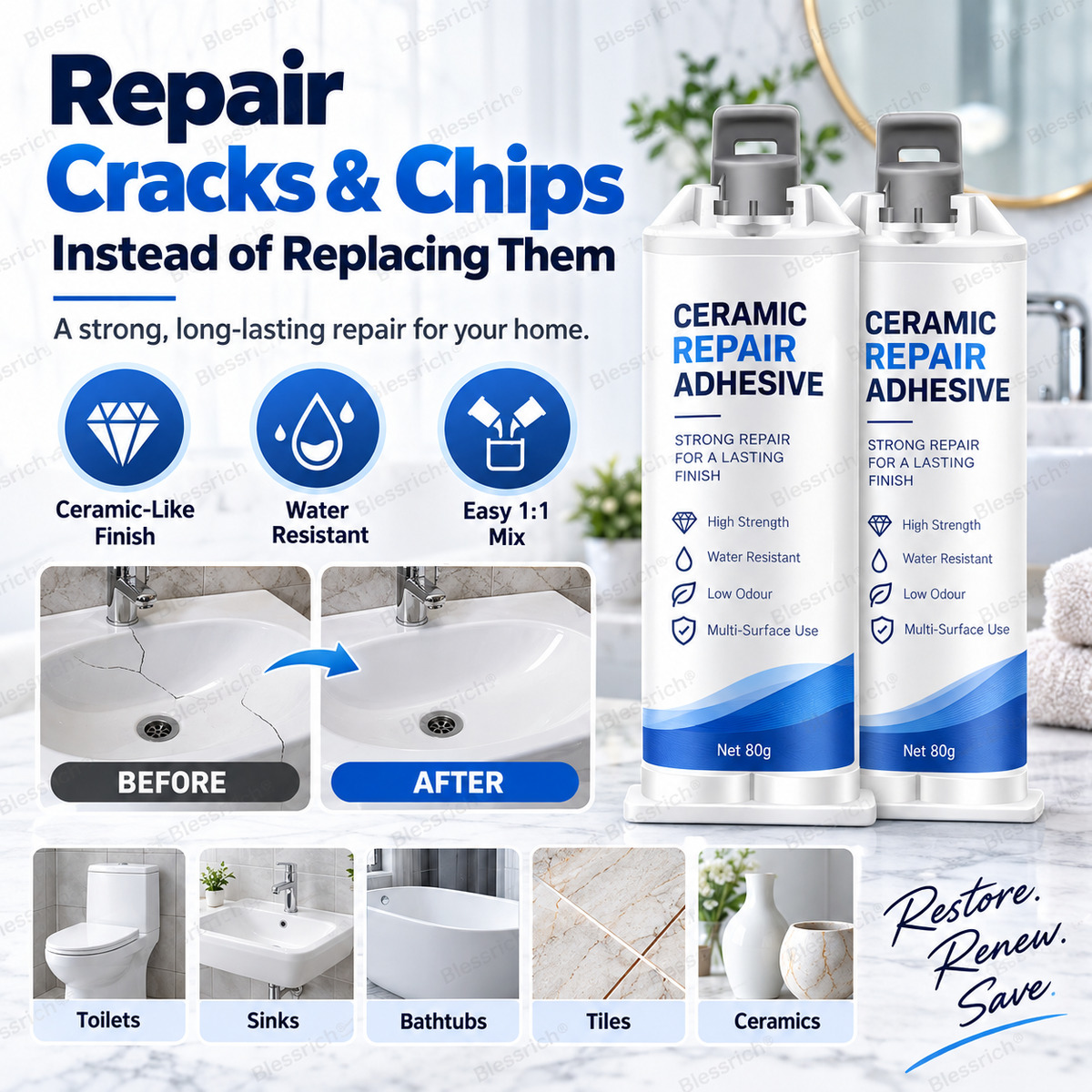 ✨ Dai una seconda vita alle superfici danneggiate! 🛠️ Composto riparatore ceramico da 80g per WC, lavandini, vasche, piastrelle e marmo 🚽🚰🛁
