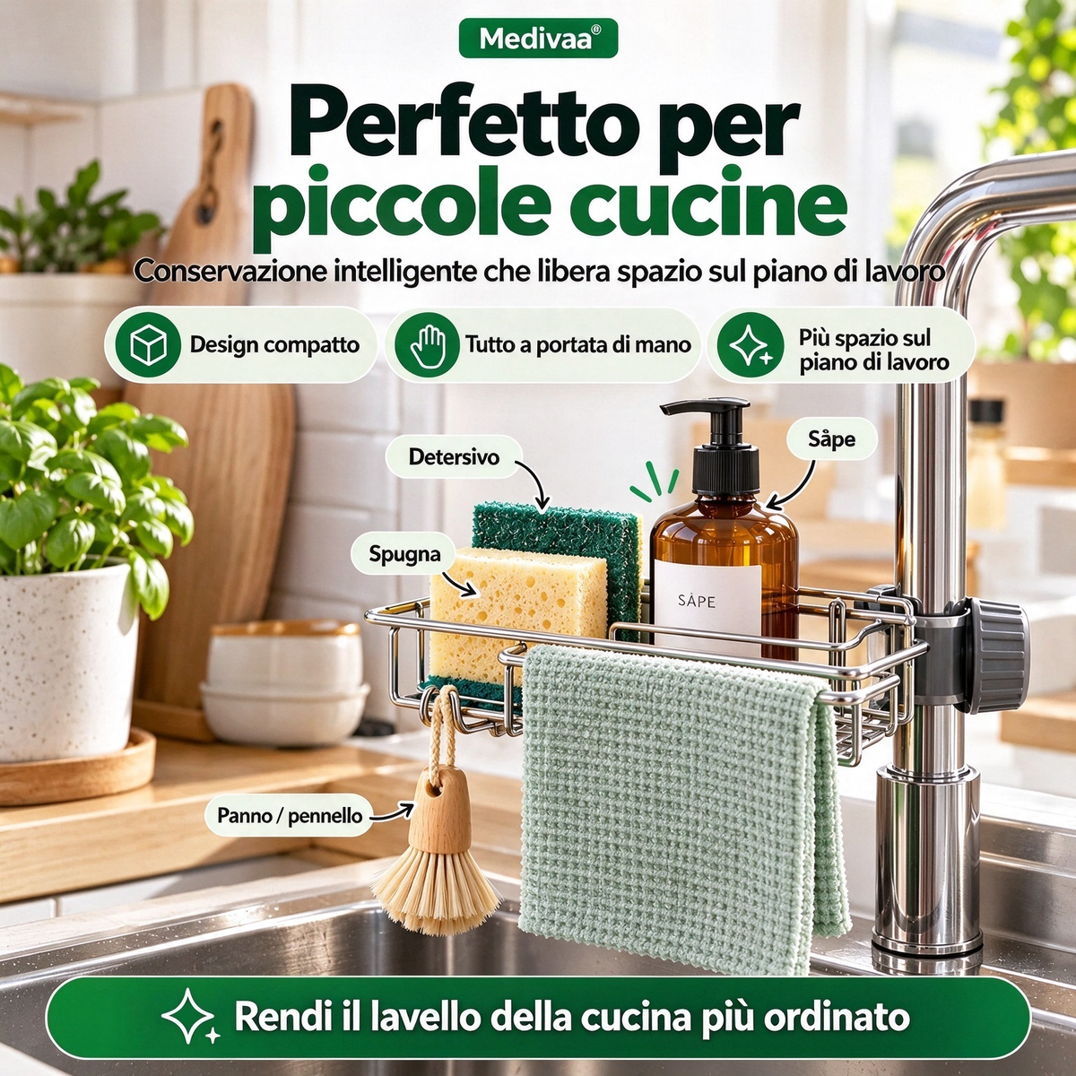 Portaoggetti in acciaio inossidabile per lavello cucina