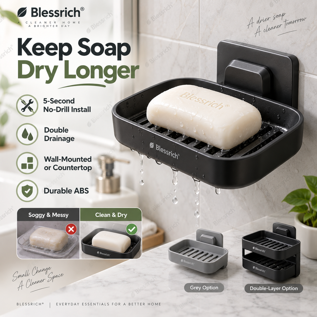🧼✨ Portasapone a parete – 50% DI SCONTO! Installazione in 5 secondi, doppio drenaggio, senza forature: mantiene il sapone asciutto e lo fa durare di più. 💪