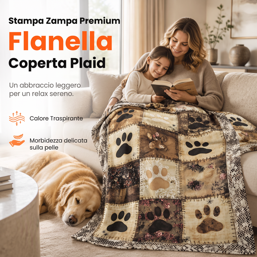 🐾 Coperta Morbida in Flanella a Impronte di Zampa | Calda e Avvolgente ma Leggera 🤗 | Stampa Vivace e Duratura ✨ | 2 Colori e 7 Dimensioni, da 70×100 a 160×220 cm 📏 | Perfetta per Divano, Letto e Viaggi 🛋️