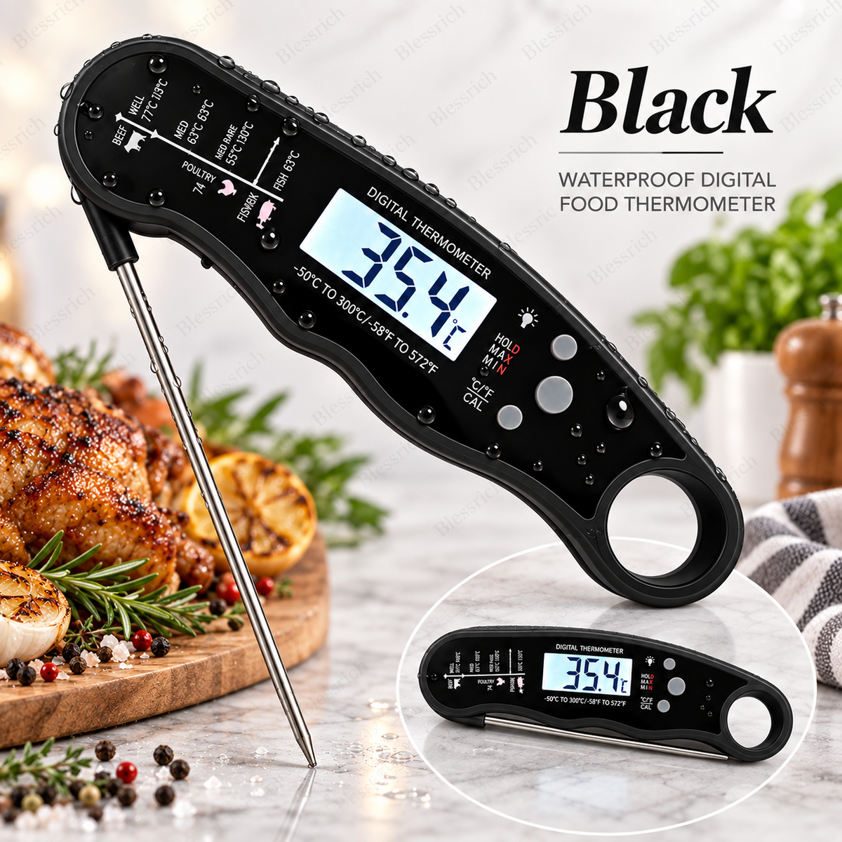 🔥Basta Indovinare! Termometro digitale per carne a lettura istantanea 🌡️ Lettura in 0,8s | Precisione ±1°C | Impermeabile, LCD retroilluminato, sonda pieghevole 110mm | °C/°F. Perfetto per bistecca, BBQ, grigliate, forno e cucina 🎉 Offerta limitata