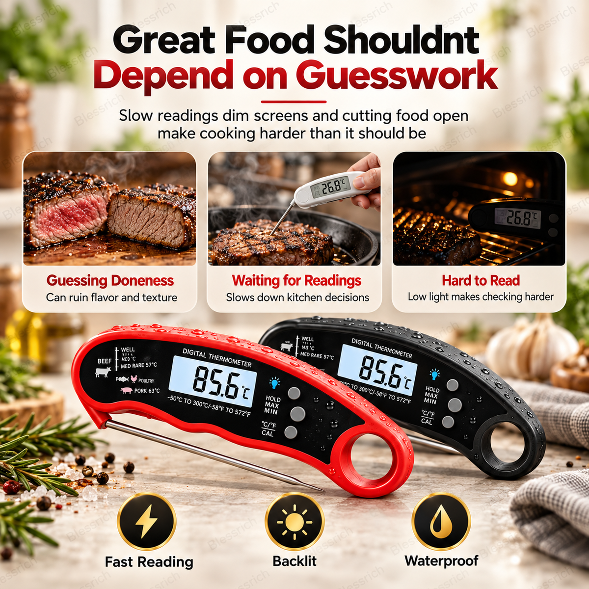 🔥Basta Indovinare! Termometro digitale per carne a lettura istantanea 🌡️ Lettura in 0,8s | Precisione ±1°C | Impermeabile, LCD retroilluminato, sonda pieghevole 110mm | °C/°F. Perfetto per bistecca, BBQ, grigliate, forno e cucina 🎉 Offerta limitata