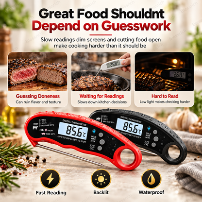 🔥Basta Indovinare! Termometro digitale per carne a lettura istantanea 🌡️ Lettura in 0,8s | Precisione ±1°C | Impermeabile, LCD retroilluminato, sonda pieghevole 110mm | °C/°F. Perfetto per bistecca, BBQ, grigliate, forno e cucina 🎉 Offerta limitata
