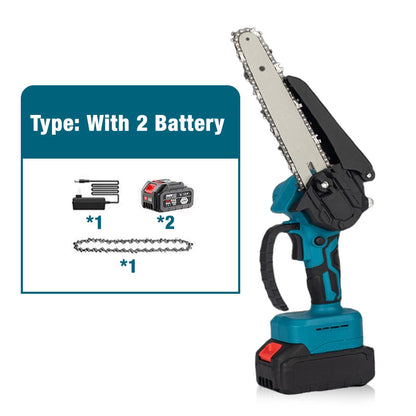Mini Motosega a Batteria da 6 Pollici con Motore Brushless ✨⚡ - 2580W | 3500 giri/min | Lubrificazione Automatica | Barra in Acciaio al Tungsteno | 1 o 2 Batterie | 50% DI SCONTO