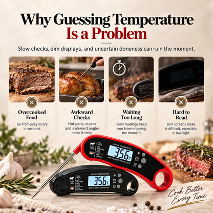 🔥Basta Indovinare! Termometro digitale per carne a lettura istantanea 🌡️ Lettura in 0,8s | Precisione ±1°C | Impermeabile, LCD retroilluminato, sonda pieghevole 110mm | °C/°F. Perfetto per bistecca, BBQ, grigliate, forno e cucina 🎉 Offerta limitata