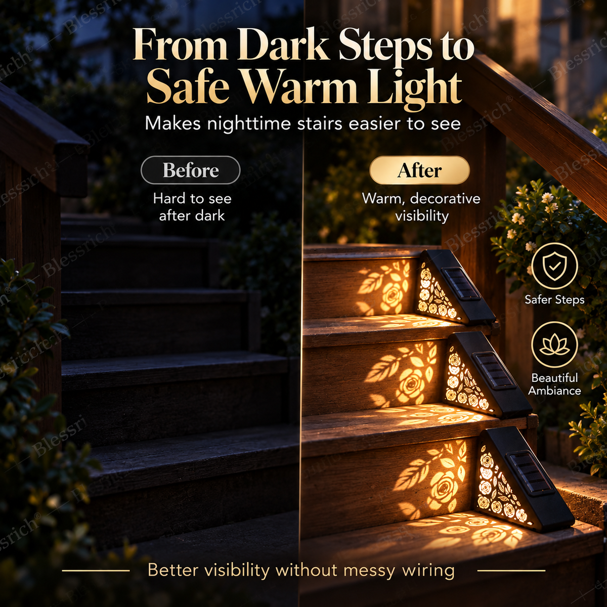 🌙 SCONTO 50% SUBITO! Faretti Solari per Gradini con Sensore di Movimento – Luci per Scale Esterne con Luce Calda Floreale, Illuminazione Notturna Automatica, Senza Cablaggi per Giardini, Terrazzi e Vialetti