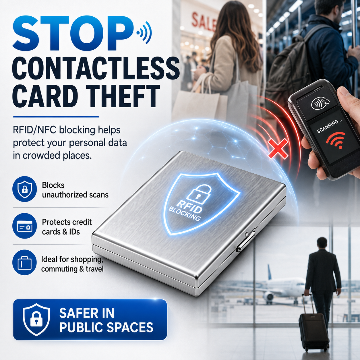 Porta carte metallico blocco RFID