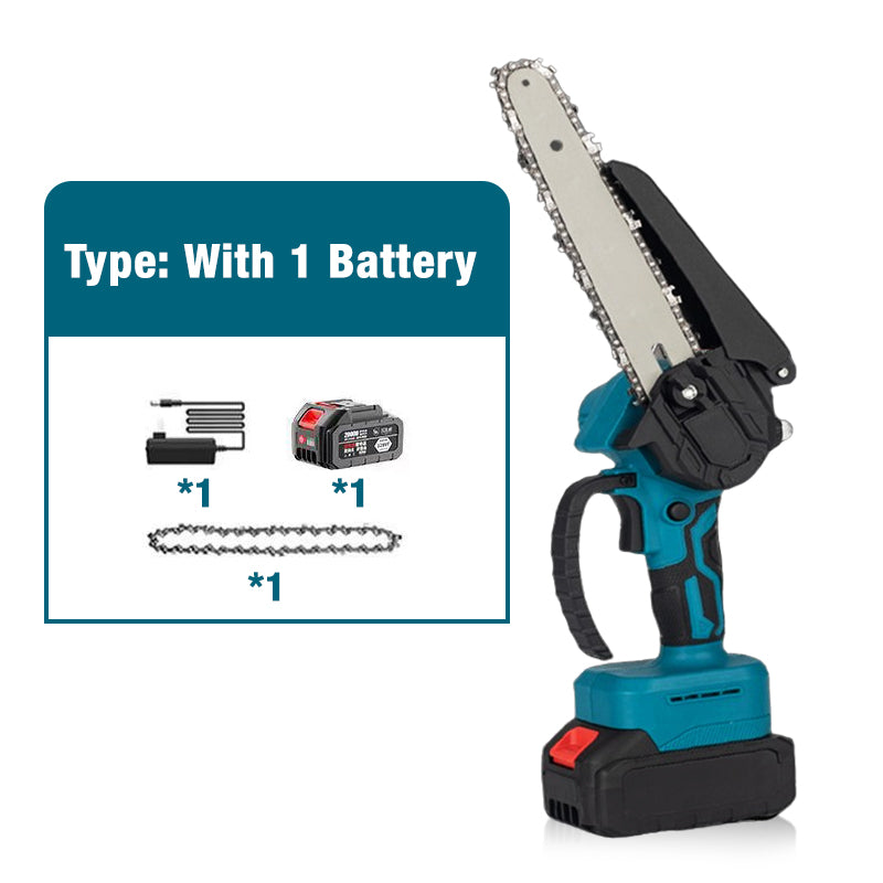 Mini Motosega a Batteria da 6 Pollici con Motore Brushless ✨⚡ - 2580W | 3500 giri/min | Lubrificazione Automatica | Barra in Acciaio al Tungsteno | 1 o 2 Batterie | 50% DI SCONTO