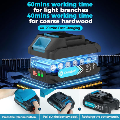 Mini Motosega a Batteria da 6 Pollici con Motore Brushless ✨⚡ - 2580W | 3500 giri/min | Lubrificazione Automatica | Barra in Acciaio al Tungsteno | 1 o 2 Batterie | 50% DI SCONTO