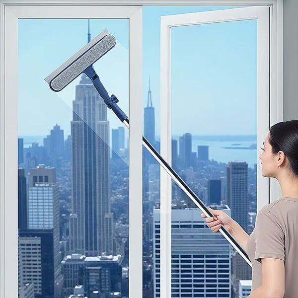 Tergivetro per Finestre con Manico Telescopico 120 cm | Spugna + Lama Raschiante 2 in 1 🧽 | Finestre in Alto Pulite Senza Aloni, Senza Uscire 🏙️ | Leggero, PP e Ferro, 447 g ✨
