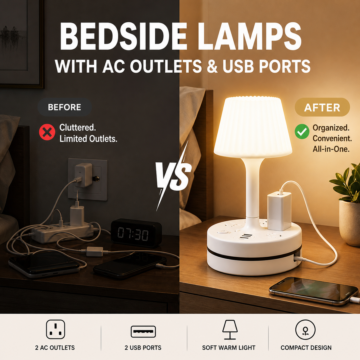 💡 Lampada da comodino con prese AC e porte USB