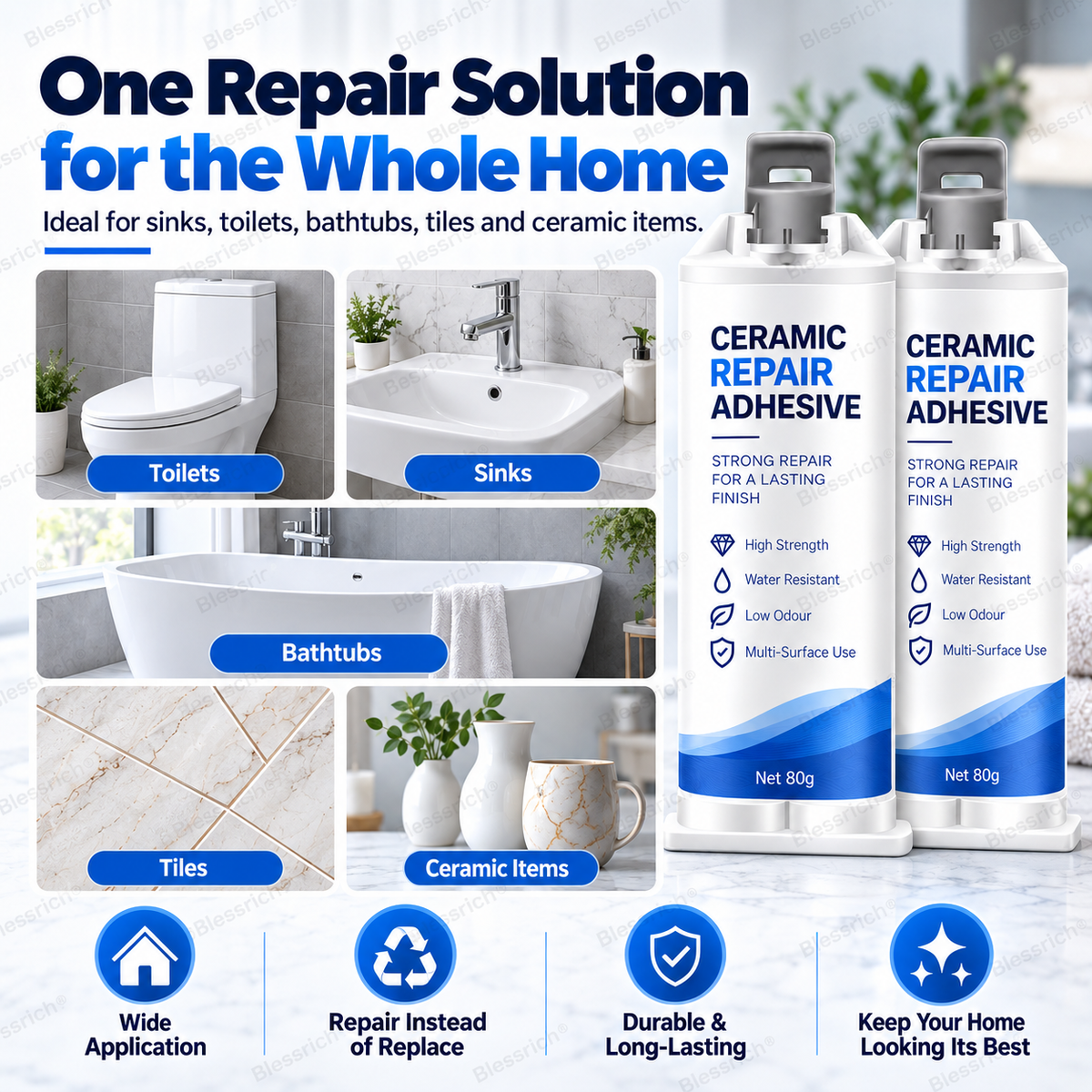 ✨ Dai una seconda vita alle superfici danneggiate! 🛠️ Composto riparatore ceramico da 80g per WC, lavandini, vasche, piastrelle e marmo 🚽🚰🛁