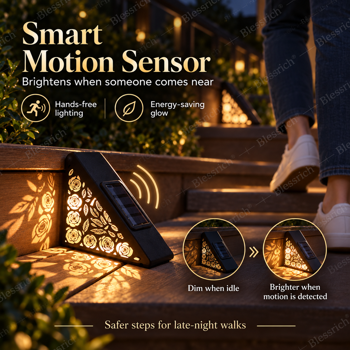 🌙 SCONTO 50% SUBITO! Faretti Solari per Gradini con Sensore di Movimento – Luci per Scale Esterne con Luce Calda Floreale, Illuminazione Notturna Automatica, Senza Cablaggi per Giardini, Terrazzi e Vialetti