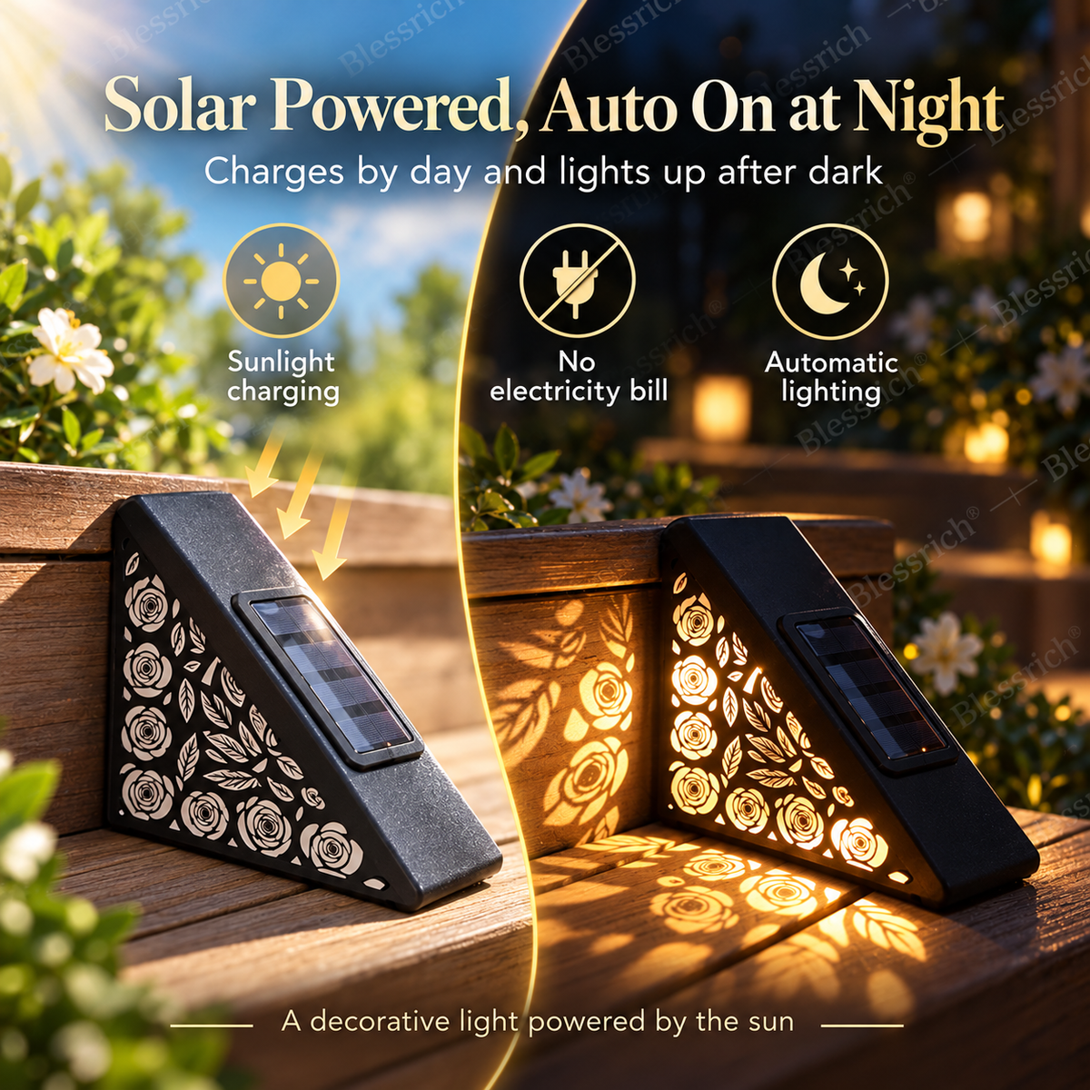 🌙 SCONTO 50% SUBITO! Faretti Solari per Gradini con Sensore di Movimento – Luci per Scale Esterne con Luce Calda Floreale, Illuminazione Notturna Automatica, Senza Cablaggi per Giardini, Terrazzi e Vialetti