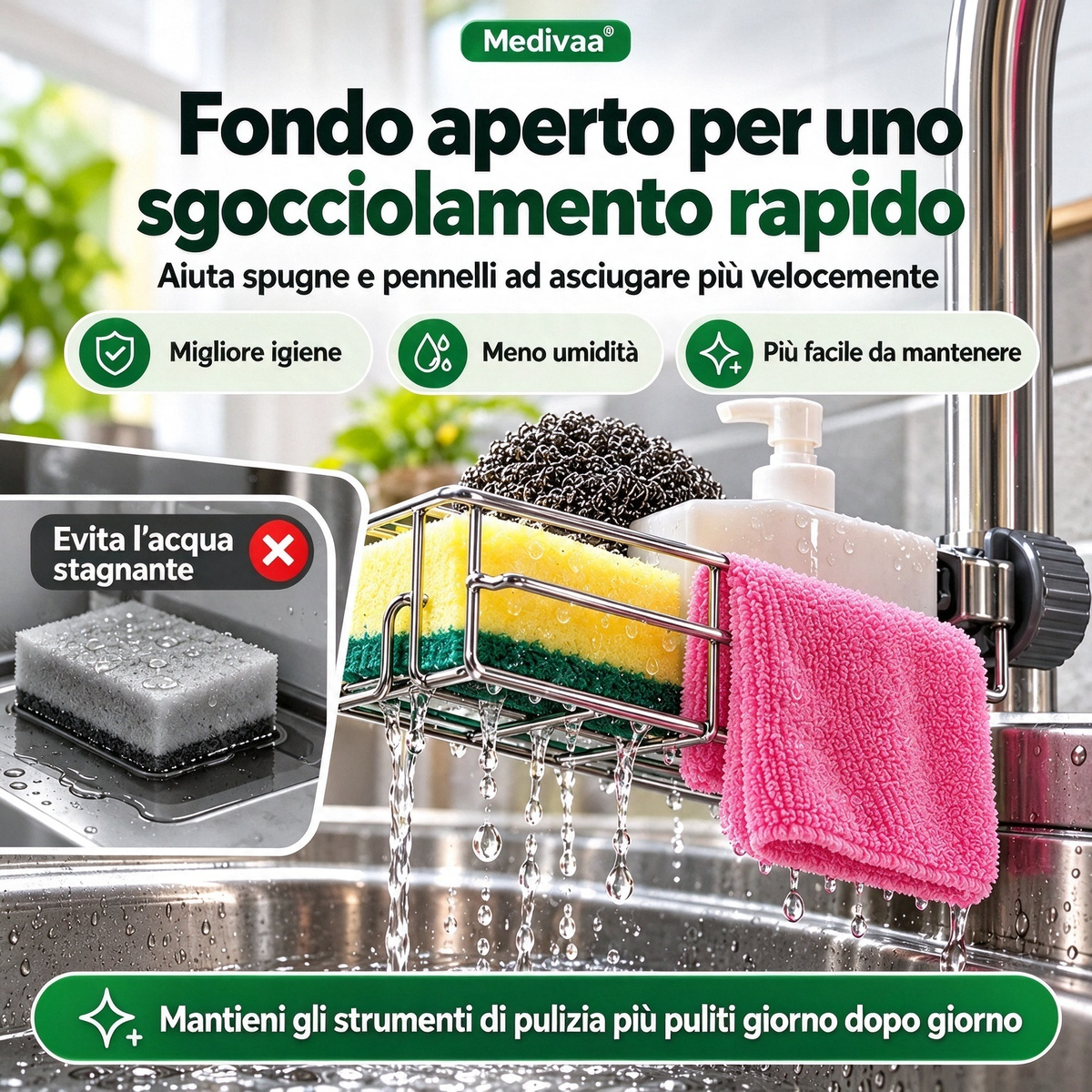 Portaoggetti in acciaio inossidabile per lavello cucina