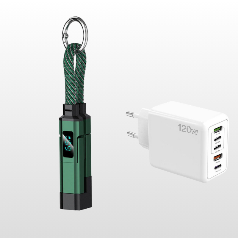 🔌 Cavo di ricarica 4 in 1 con display digitale e portachiavi – Funzione di ricarica rapida, resistente alle piegature e compatto