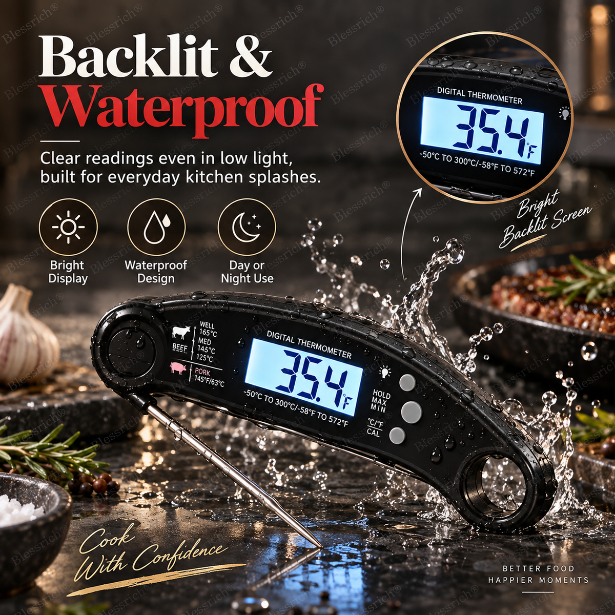 🔥Basta Indovinare! Termometro digitale per carne a lettura istantanea 🌡️ Lettura in 0,8s | Precisione ±1°C | Impermeabile, LCD retroilluminato, sonda pieghevole 110mm | °C/°F. Perfetto per bistecca, BBQ, grigliate, forno e cucina 🎉 Offerta limitata