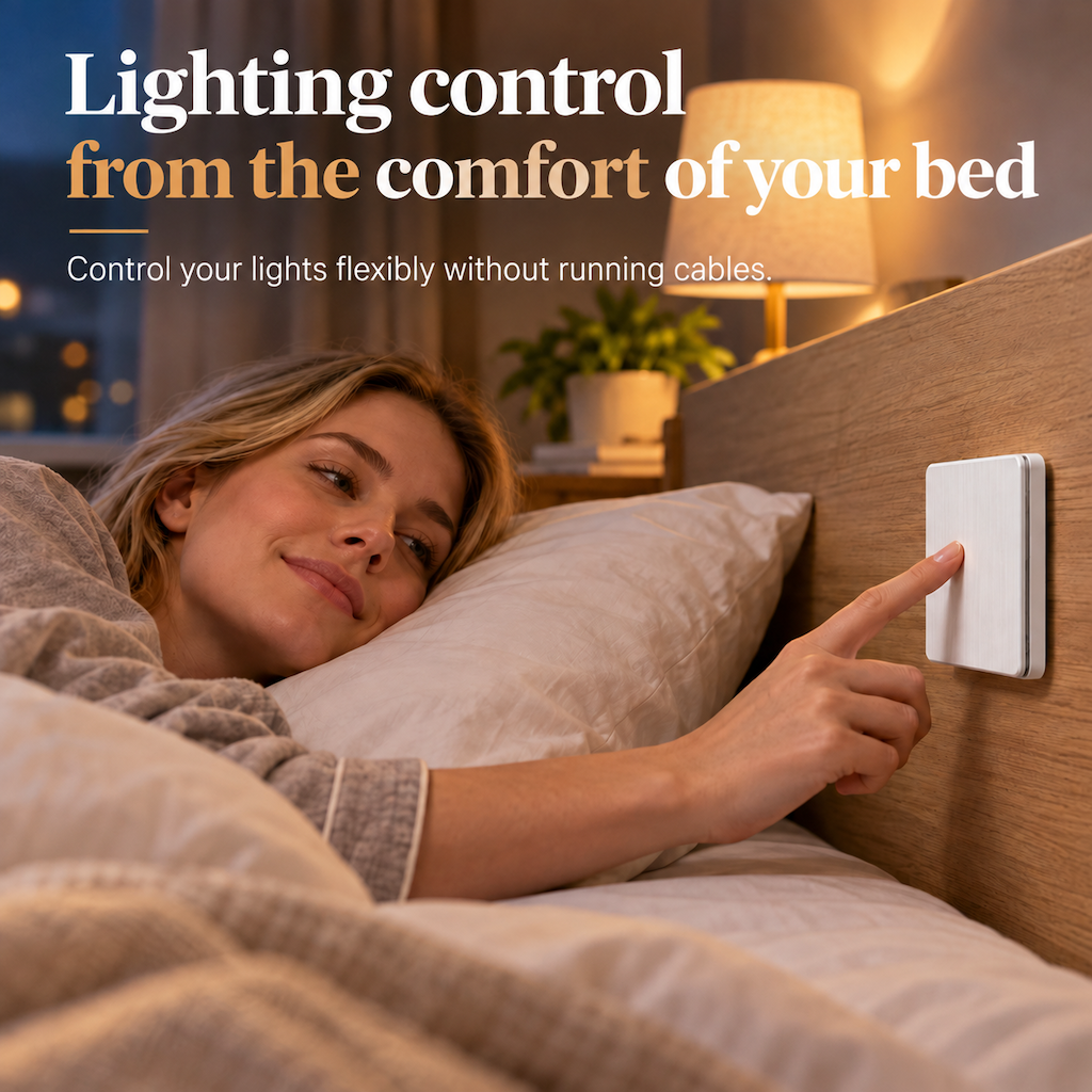 Kit interruttore luce wireless senza fili | Interruttore da muro autoadesivo con ricevitore, senza forature, ideale per affitti, comodini e corridoi