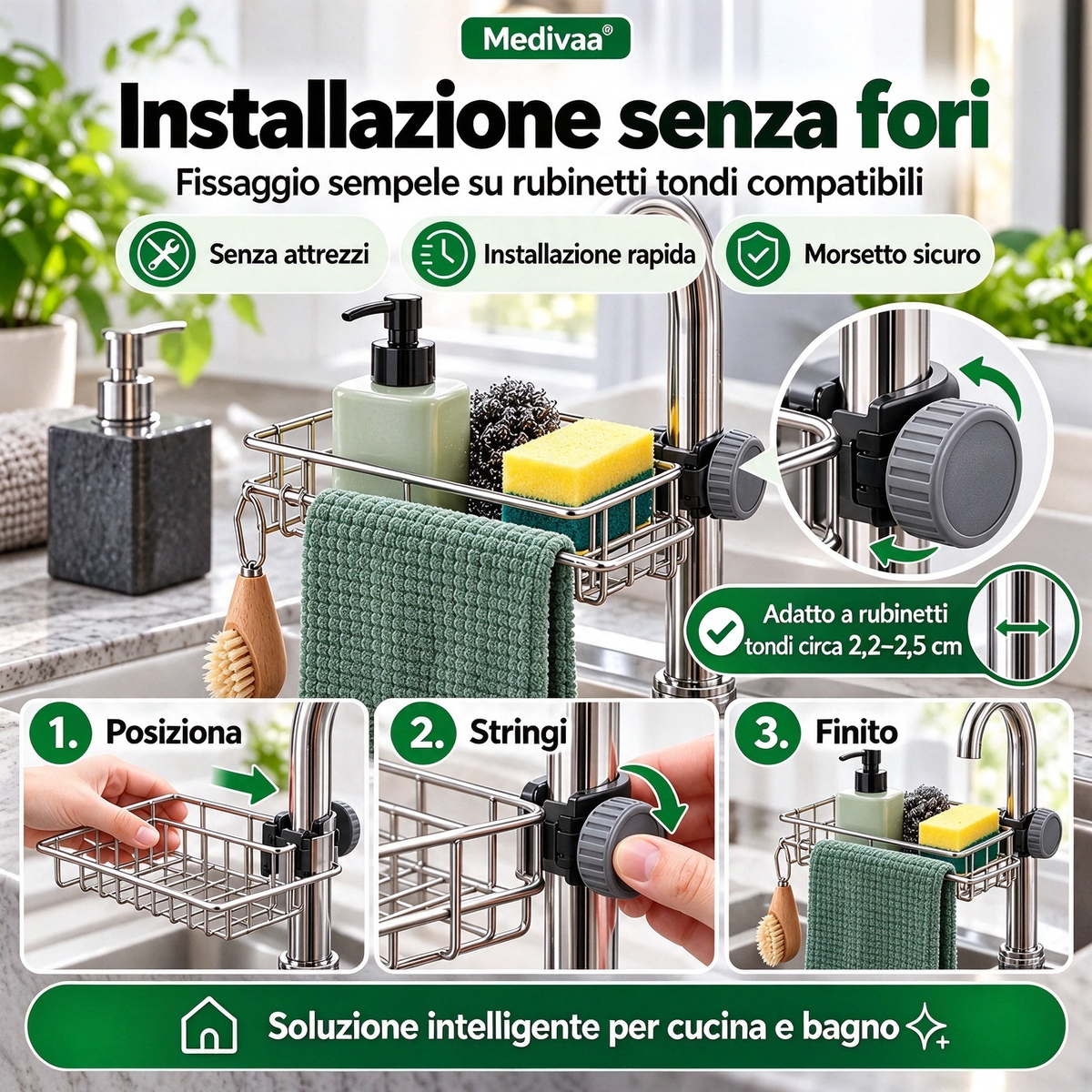 Portaoggetti in acciaio inossidabile per lavello cucina