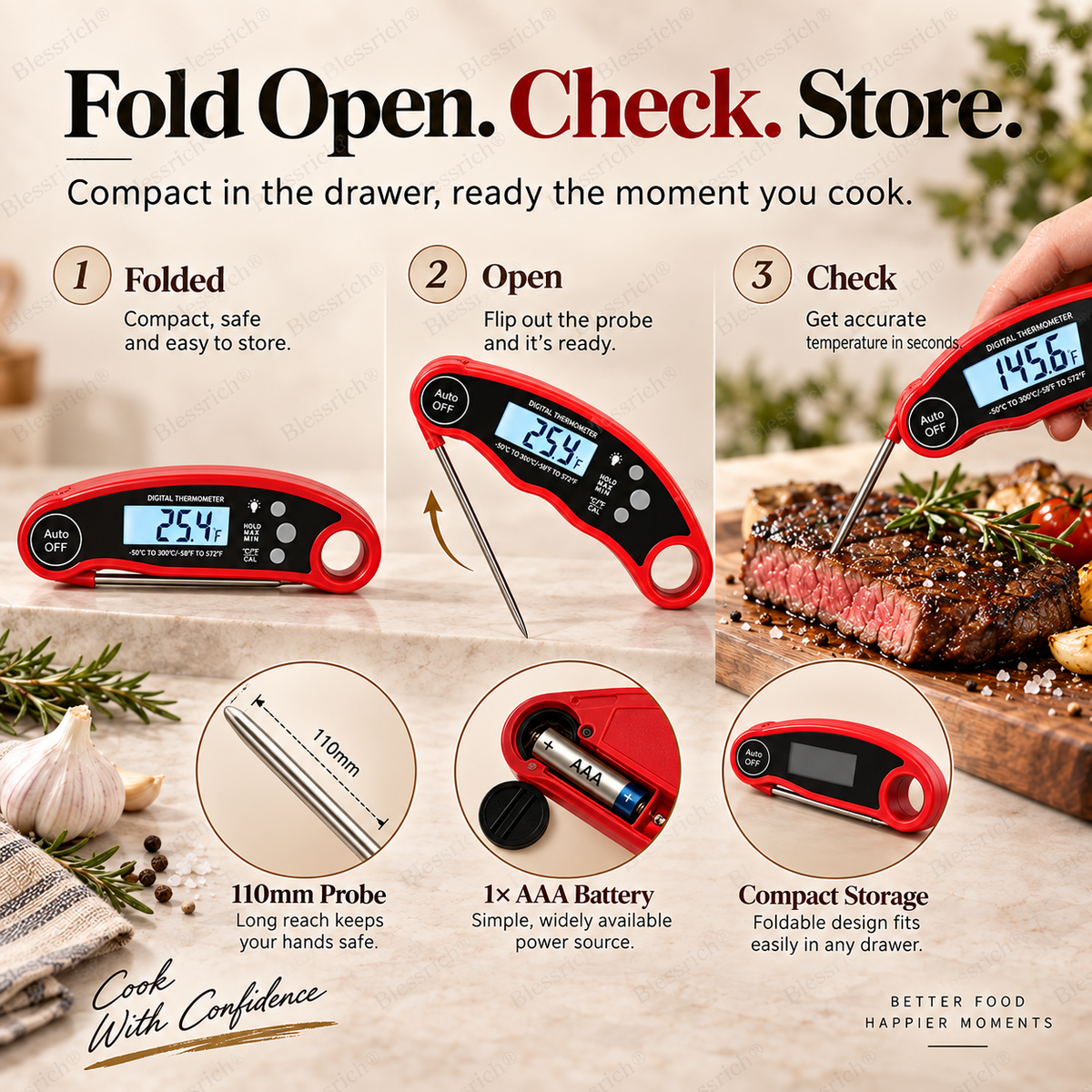 🔥Basta Indovinare! Termometro digitale per carne a lettura istantanea 🌡️ Lettura in 0,8s | Precisione ±1°C | Impermeabile, LCD retroilluminato, sonda pieghevole 110mm | °C/°F. Perfetto per bistecca, BBQ, grigliate, forno e cucina 🎉 Offerta limitata
