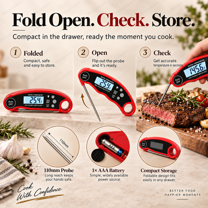 🔥Basta Indovinare! Termometro digitale per carne a lettura istantanea 🌡️ Lettura in 0,8s | Precisione ±1°C | Impermeabile, LCD retroilluminato, sonda pieghevole 110mm | °C/°F. Perfetto per bistecca, BBQ, grigliate, forno e cucina 🎉 Offerta limitata