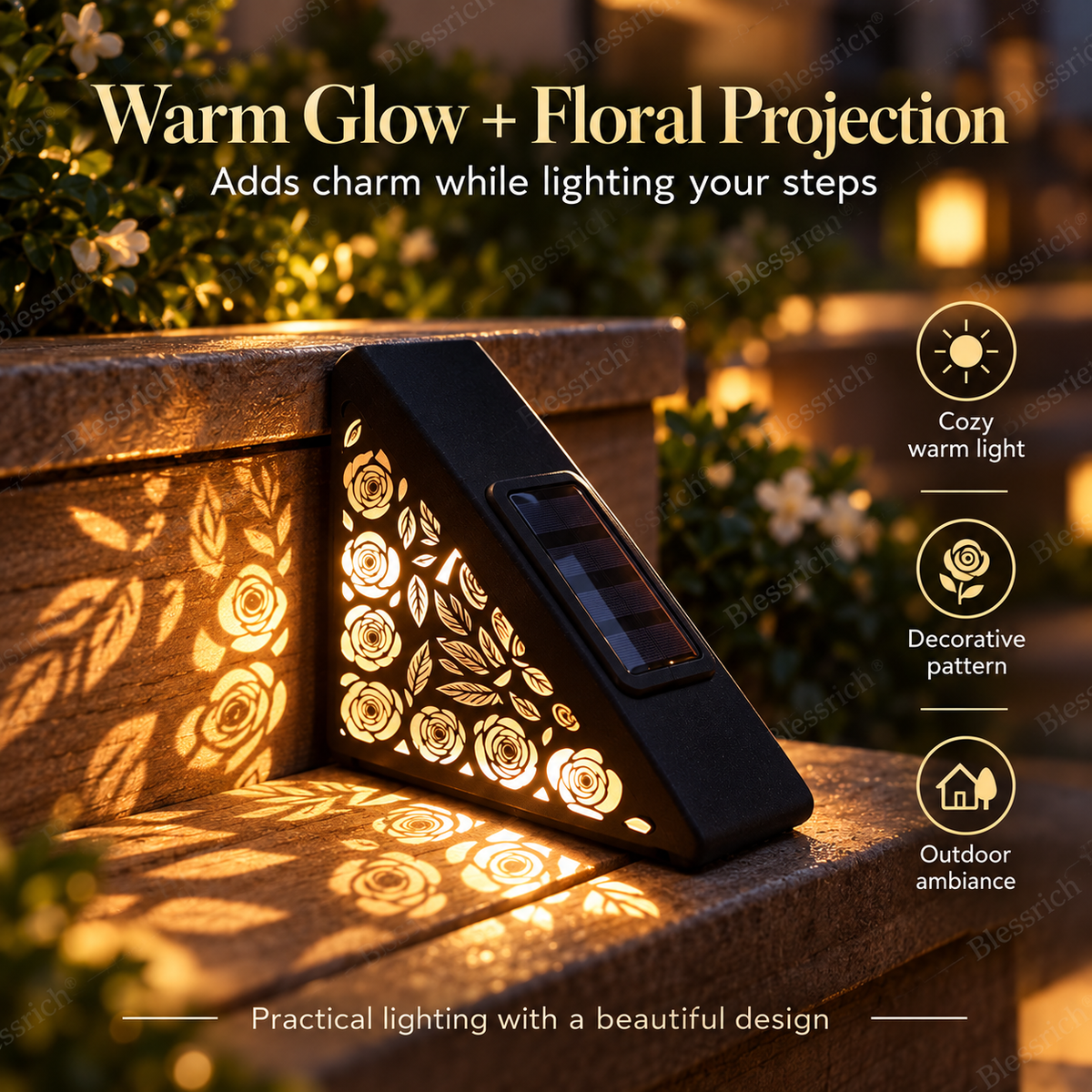 🌙 SCONTO 50% SUBITO! Faretti Solari per Gradini con Sensore di Movimento – Luci per Scale Esterne con Luce Calda Floreale, Illuminazione Notturna Automatica, Senza Cablaggi per Giardini, Terrazzi e Vialetti