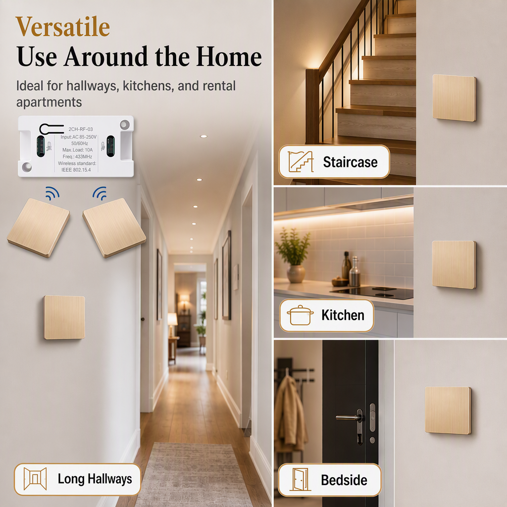 Kit interruttore luce wireless senza fili | Interruttore da muro autoadesivo con ricevitore, senza forature, ideale per affitti, comodini e corridoi