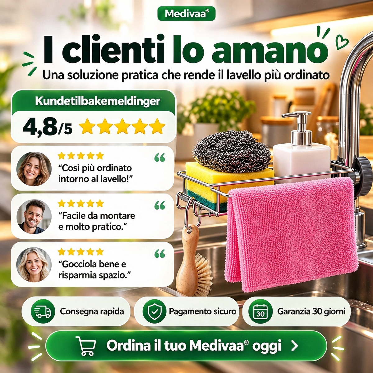 Portaoggetti in acciaio inossidabile per lavello cucina