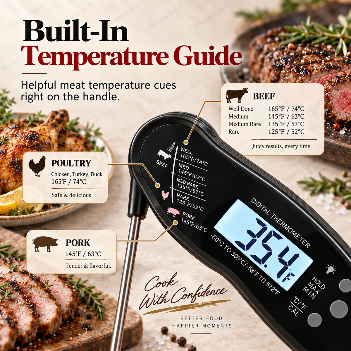 🔥Basta Indovinare! Termometro digitale per carne a lettura istantanea 🌡️ Lettura in 0,8s | Precisione ±1°C | Impermeabile, LCD retroilluminato, sonda pieghevole 110mm | °C/°F. Perfetto per bistecca, BBQ, grigliate, forno e cucina 🎉 Offerta limitata