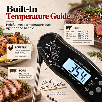 🔥Basta Indovinare! Termometro digitale per carne a lettura istantanea 🌡️ Lettura in 0,8s | Precisione ±1°C | Impermeabile, LCD retroilluminato, sonda pieghevole 110mm | °C/°F. Perfetto per bistecca, BBQ, grigliate, forno e cucina 🎉 Offerta limitata