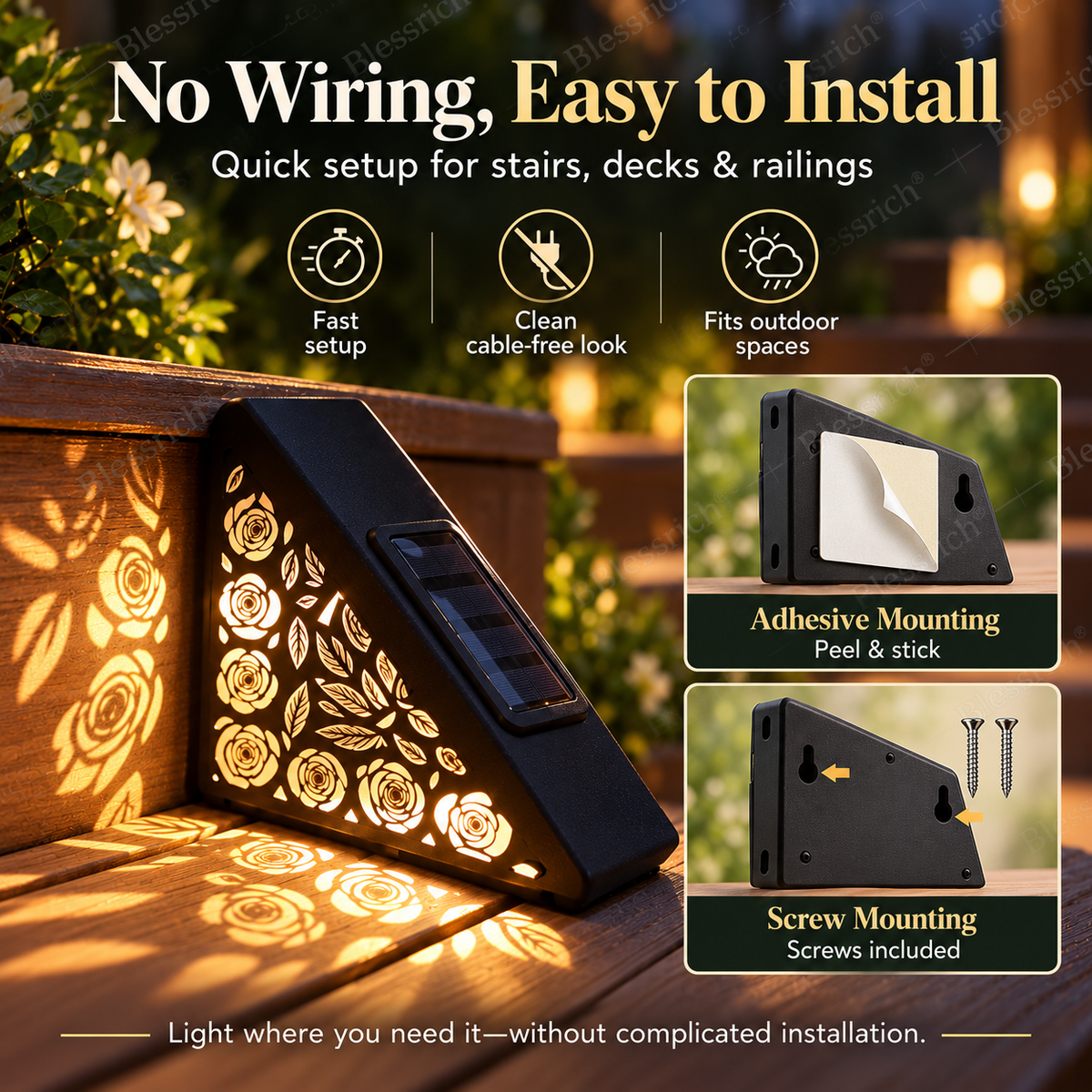 🌙 SCONTO 50% SUBITO! Faretti Solari per Gradini con Sensore di Movimento – Luci per Scale Esterne con Luce Calda Floreale, Illuminazione Notturna Automatica, Senza Cablaggi per Giardini, Terrazzi e Vialetti