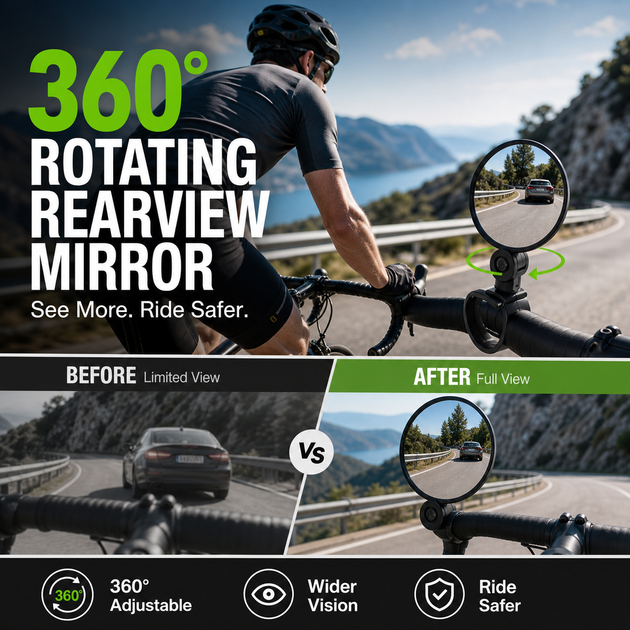 ⏳OFFERTA SPECIALE PER TEMPO LIMITATO⏰Specchietto retrovisore girevole a 360°‑Visione posteriore nitida, non dovrai più girare il collo. Compatibile con bici, e‑bike e motociclette. Cinghia in silicone senza attrezzi! 🛡️✨
