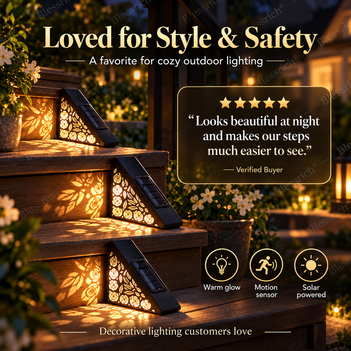 🌙 SCONTO 50% SUBITO! Faretti Solari per Gradini con Sensore di Movimento – Luci per Scale Esterne con Luce Calda Floreale, Illuminazione Notturna Automatica, Senza Cablaggi per Giardini, Terrazzi e Vialetti