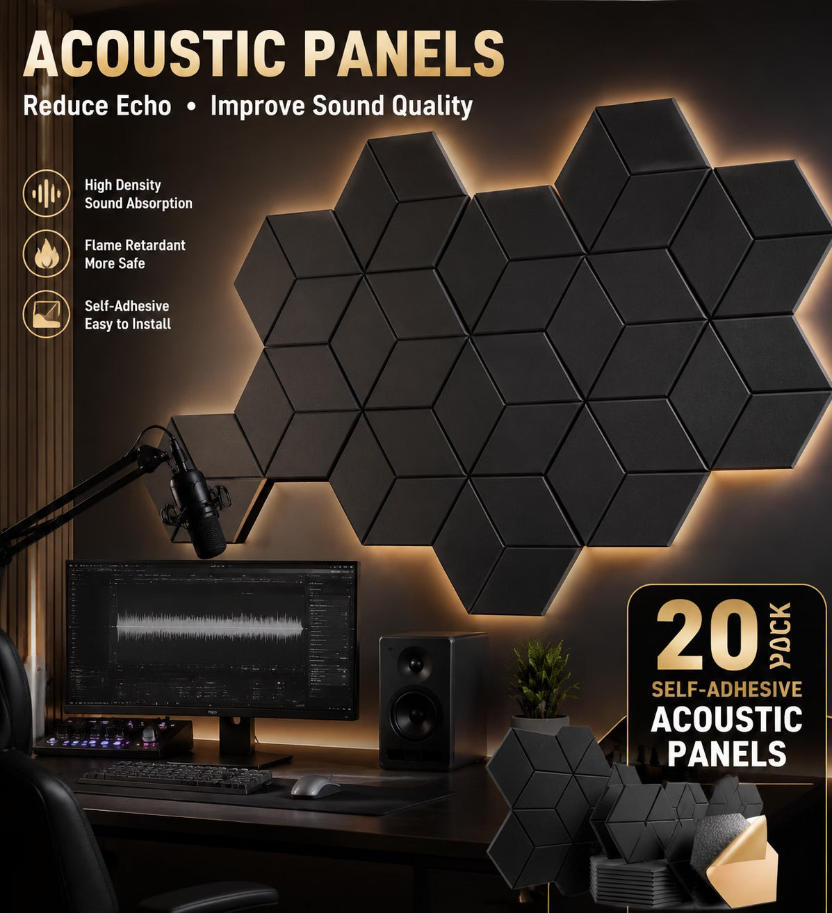 Pannelli Acustici Autoadesivi Confezione da 12 - Pannelli in Schiuma Isolante Acustica ad Alta Densità per Pareti, Design a Profilo a Y, Ritardanti di Fiamma, Assorbimento del Rumore, Eliminazione dell'Eco