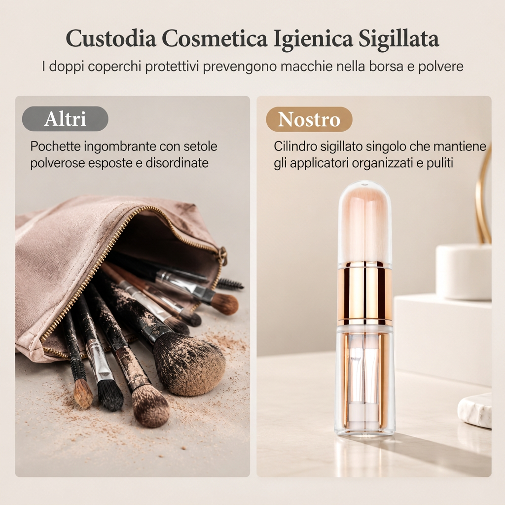 💄 Set Pennelli Trucco da Viaggio Retrattile 5 in 1 & 6 in 1 ✨ | Capsula Antipolvere con Pennello Cipria, Fard & Occhi 👝 | Setole Morbide ad Incastro per Borsa e Ritocchi 🌸