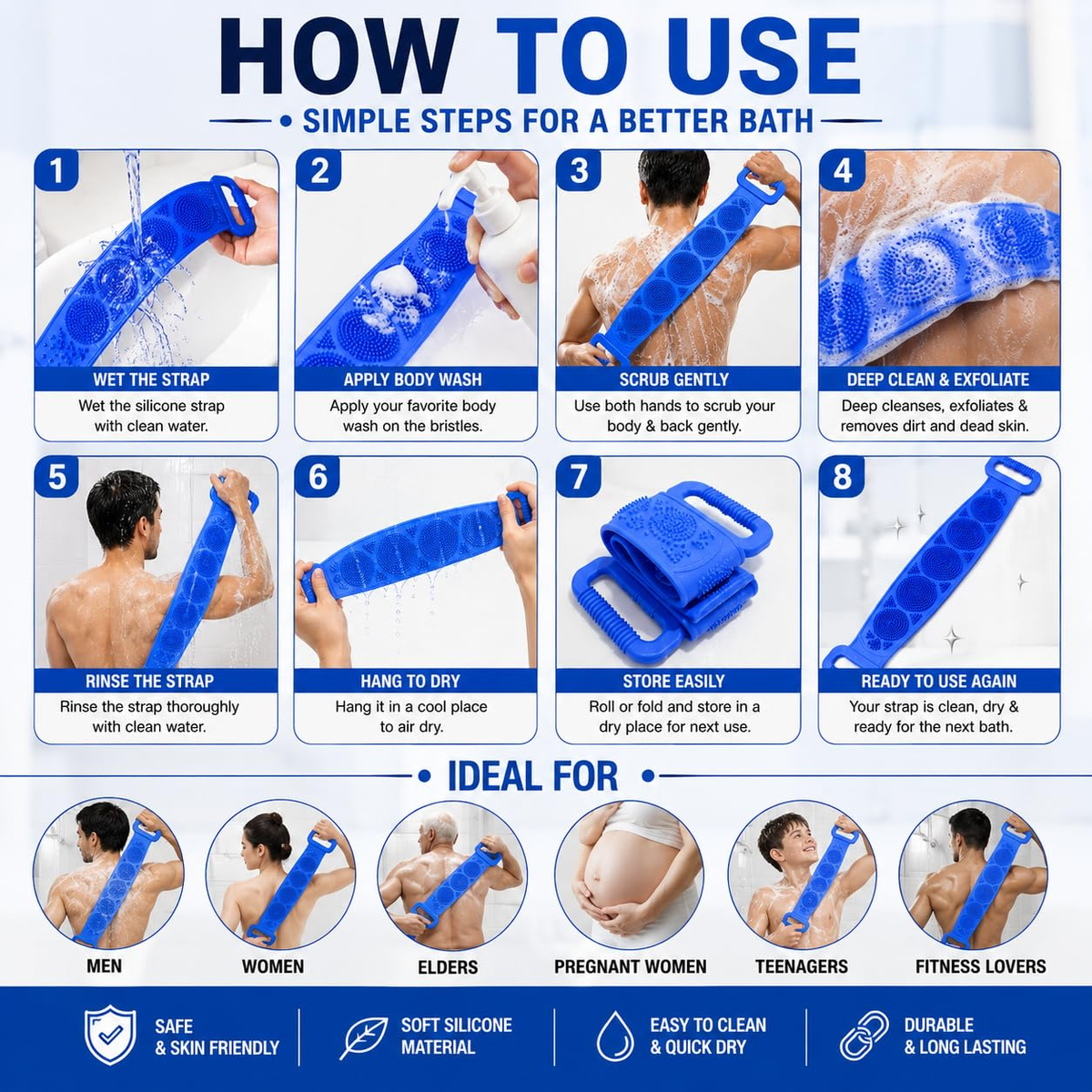 🧼Spazzola per lavare la schiena in silicone, doppio lato, esfoliante per il corpo con setole morbide in silicone