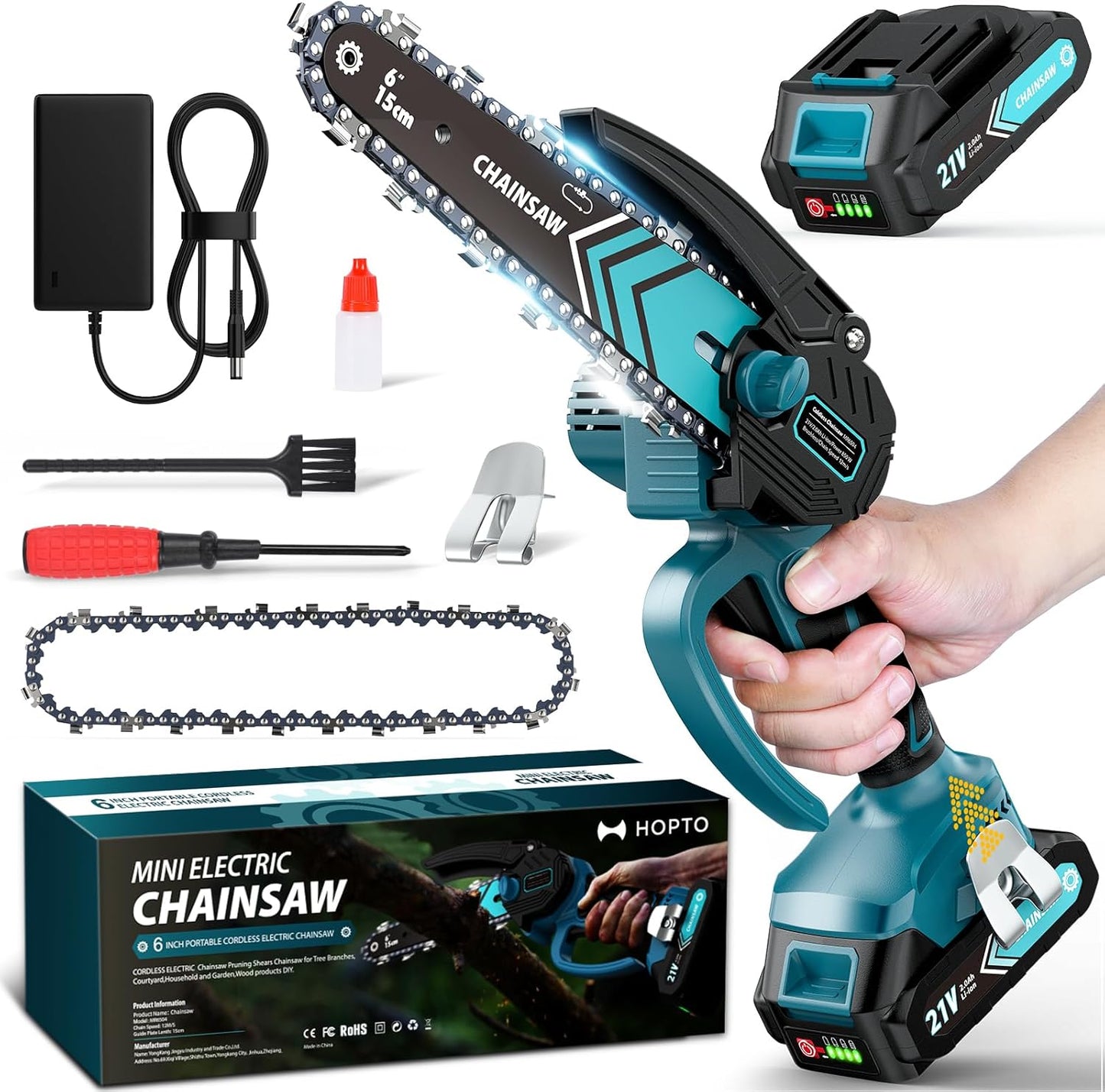 Mini Motosega a Batteria da 6 Pollici con Motore Brushless ✨⚡ - 2580W | 3500 giri/min | Lubrificazione Automatica | Barra in Acciaio al Tungsteno | 1 o 2 Batterie | 50% DI SCONTO