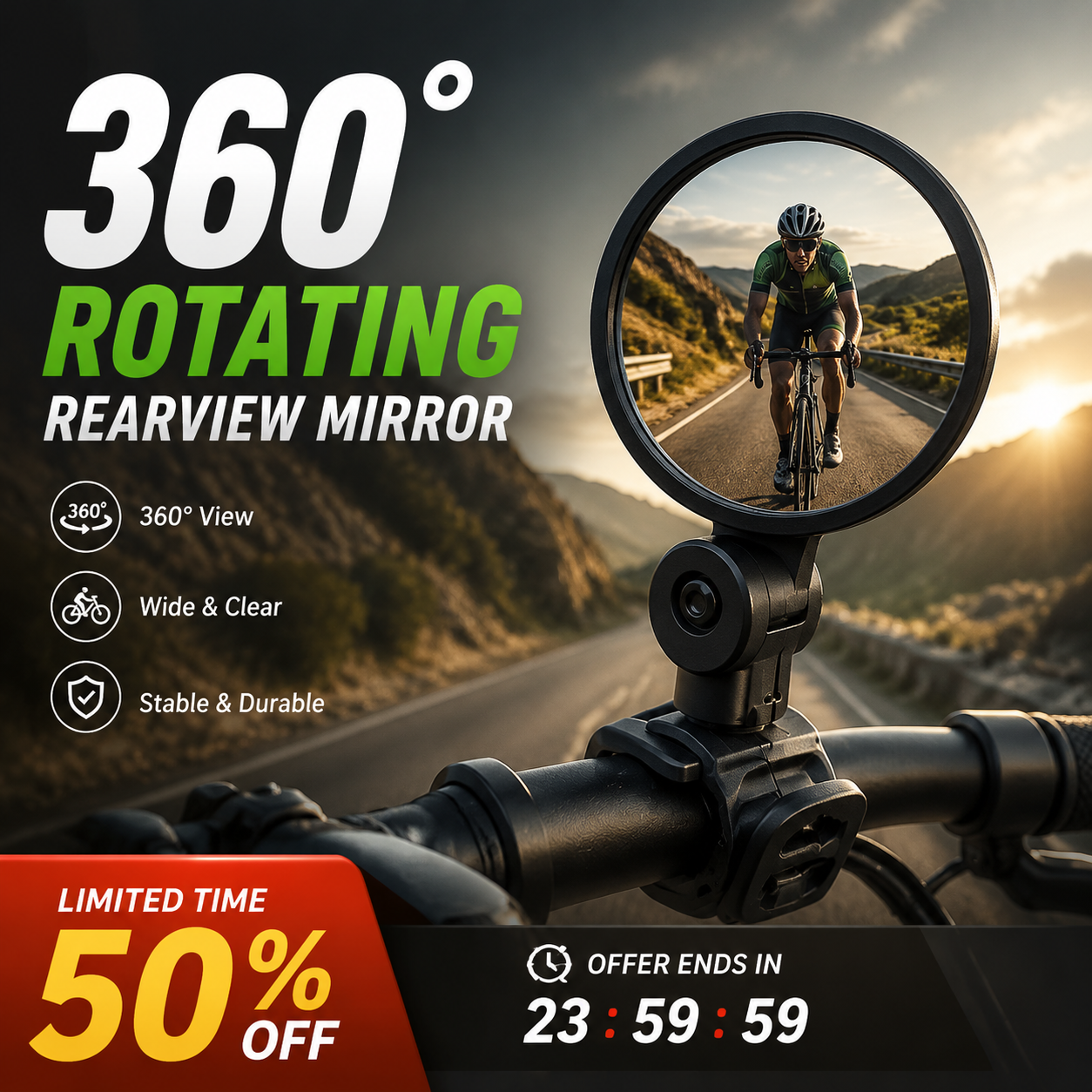 ⏳OFFERTA SPECIALE PER TEMPO LIMITATO⏰Specchietto retrovisore girevole a 360°‑Visione posteriore nitida, non dovrai più girare il collo. Compatibile con bici, e‑bike e motociclette. Cinghia in silicone senza attrezzi! 🛡️✨