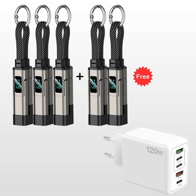 🔌 Cavo di ricarica 4 in 1 con display digitale e portachiavi – Funzione di ricarica rapida, resistente alle piegature e compatto